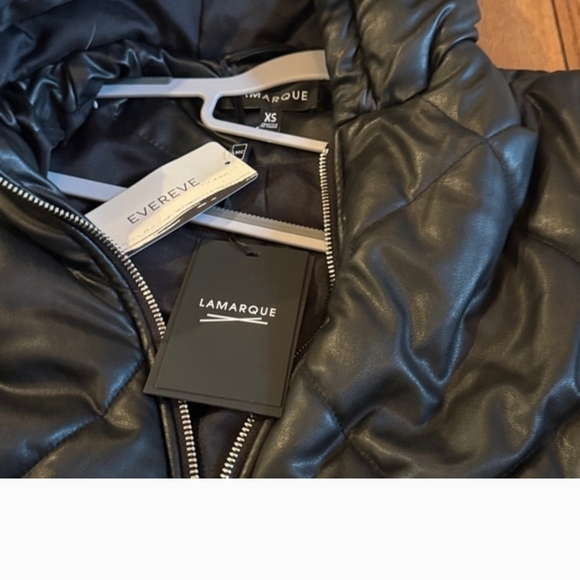 Lamarque Black Quilted Leather Jacket Feather Winter Warm Hood Womens X Small - Picture 2 of 2